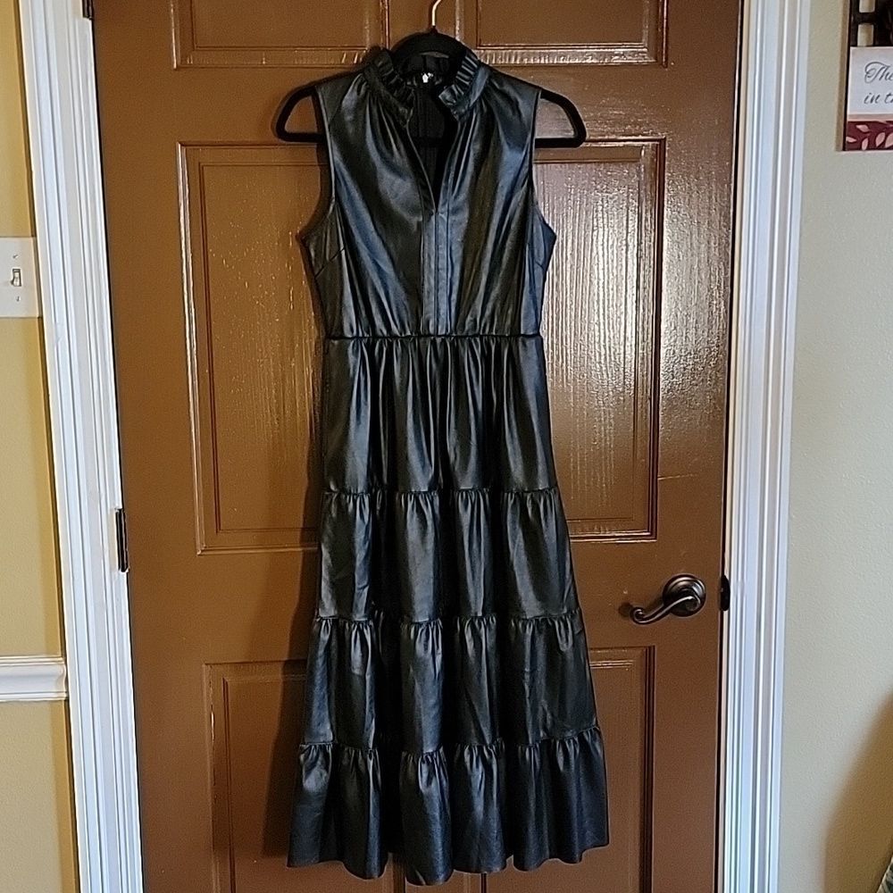 Fate- Black faux leather dress with ruffled neckline & tiers Small
